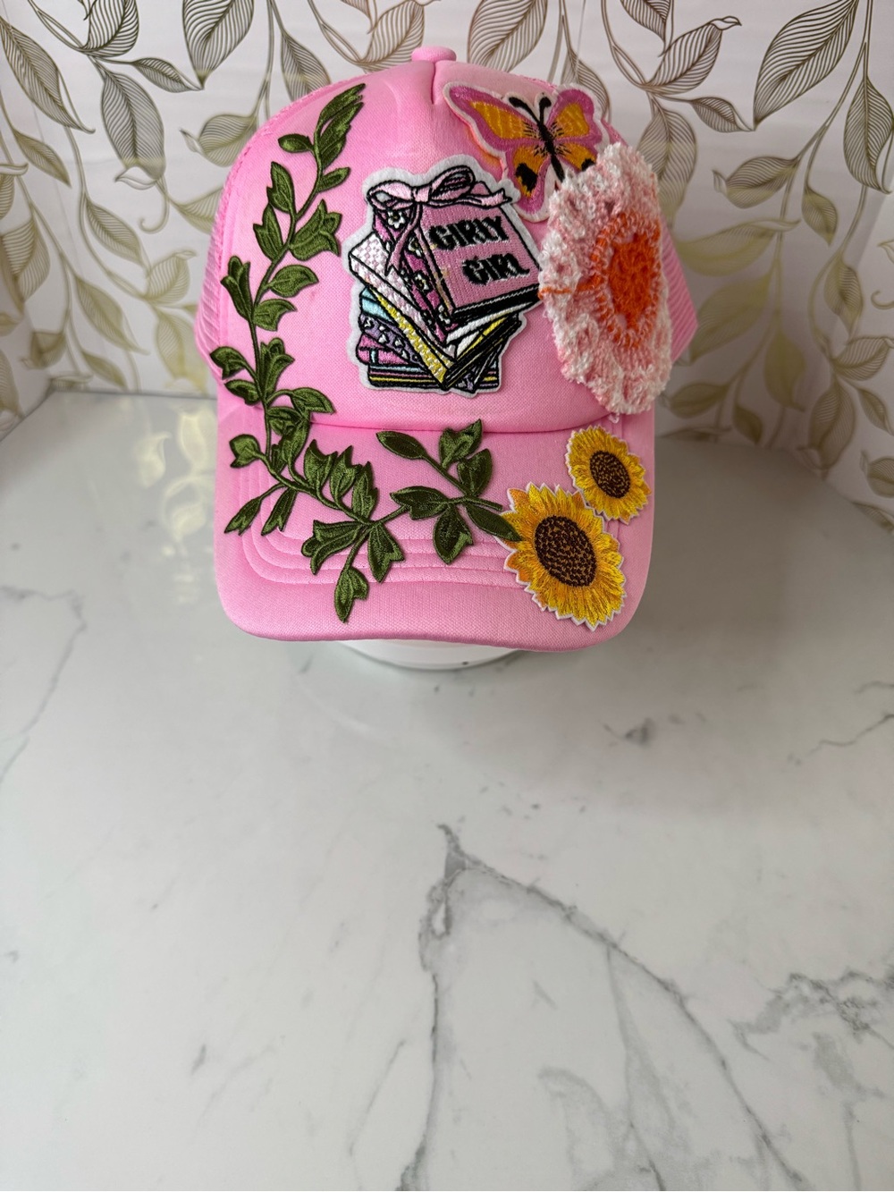 Pink Embroidered Floral & Patchwork Baseball Cap - Girly Girl